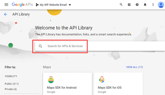 La barra di ricerca della libreria API