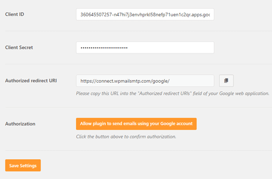 Fare clic sul pulsante per autorizzare WP Mail SMTP a inviare e-mail utilizzando il proprio account Gmail