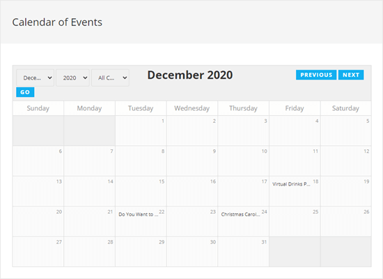 Visualizzazione del calendario degli eventi sul tuo sito web