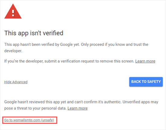 Use the Advanced link to continue even though the app isn't verified