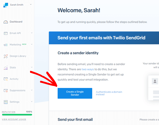 Click the button to create a single sender