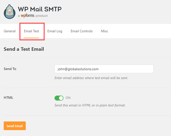 Sending an email test from WP Mail SMTP to verify  that everything is set up correctly
