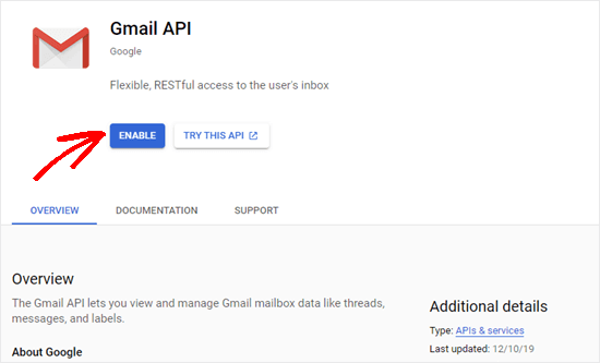 Facendo clic sul pulsante Abilita per l'API di Gmail