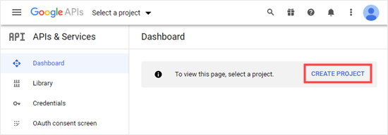 Creating a project in the Google Developers Console dashboard