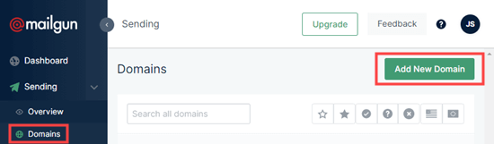 Нажатие кнопки Добавить новый домен на странице Домены в Mailgun
