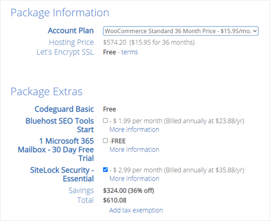 Package Information Bluehost