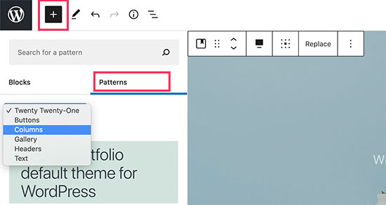 Categorie di pattern in WordPress 5.6