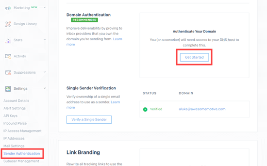 The Sender Authentication page in SendGrid