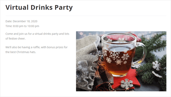 The page of details for the virtual drinks party