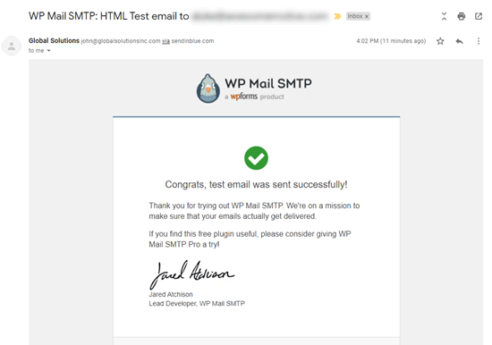 Тестовое письмо от WP Mail SMTP в нашем почтовом ящике