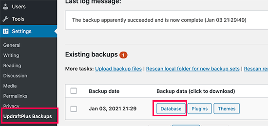 Scarica il backup del database di WordPress