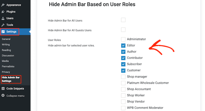 Hiding the admin toolbar for specific user roles