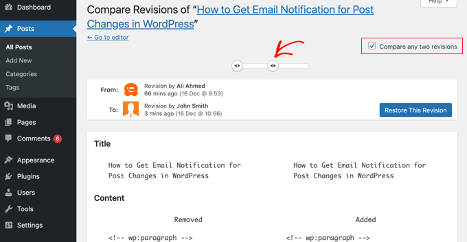 Comparing revisions in WordPress