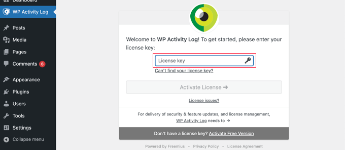 کلید مجوز را برای WP Activity Log اضافه کنید
