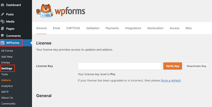 Entering the WPForms license key