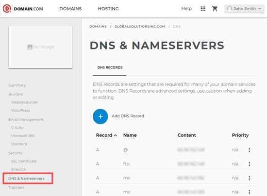 Modifica dei server dei nomi DNS su Domain.com