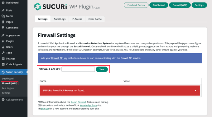 کلید Sucuri WAF API