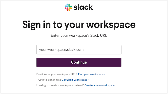Выбор рабочего пространства Slack