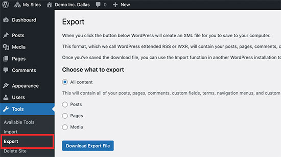 Экспорт одного сайта из многосайтовой сети WordPress