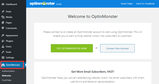 Подключите свой аккаунт OptinMonster к сайту WordPress
