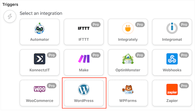 Choosing WordPress as the trigger for the WordPress automation workflow