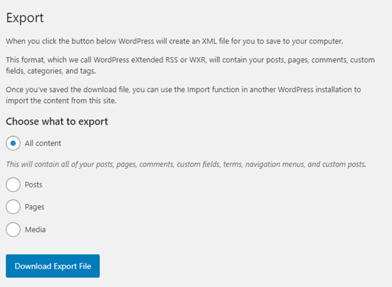 The built-in Export options in WordPress