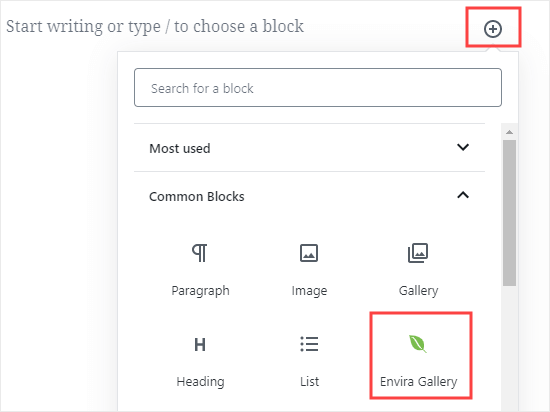 Add Envira Gallery Block