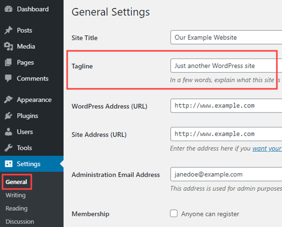 Modifica del tuo slogan in Impostazioni - Generale in WordPress