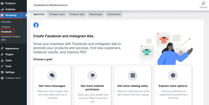 The Facebook marketing dashboard, in the WordPress admin area