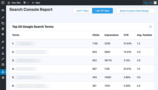 MonsterInsights search console data