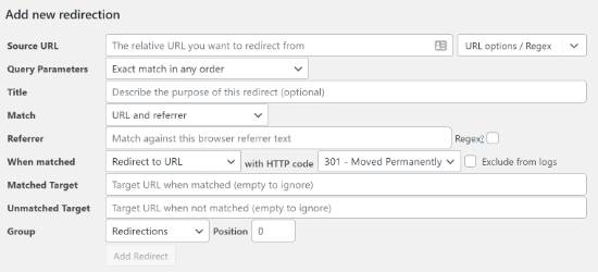 More options for add new redirection