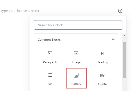 Selecting the Gallery block to add to your post