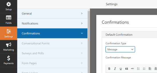 Confirmations settings in WPForms
