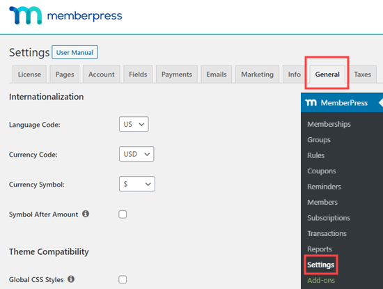 Settings - General in MemberPress