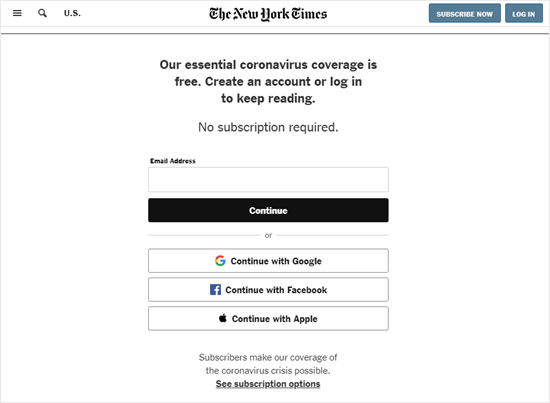 New York Times просит ввести адрес электронной почты, но не оплату