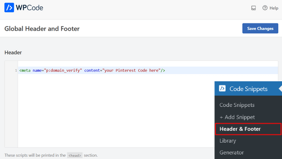 Insert HTML tag in header script section of WPCode