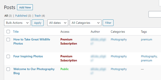 Posts with their access level listed