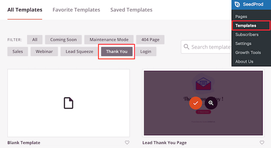 Select thank you page filter