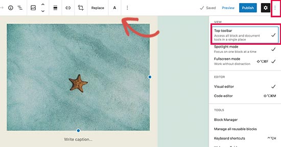 top toolbar in block editor