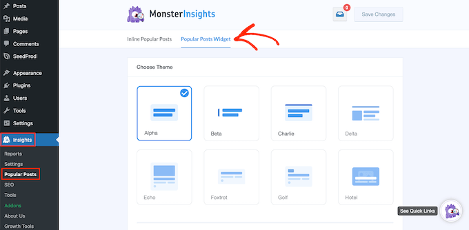 The MonsterInsights popular posts settings