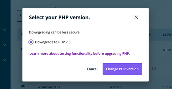 Upgrade or downgrade PHP version in WP Engine