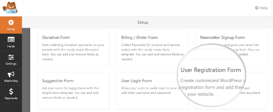 Select the User Registration Form template