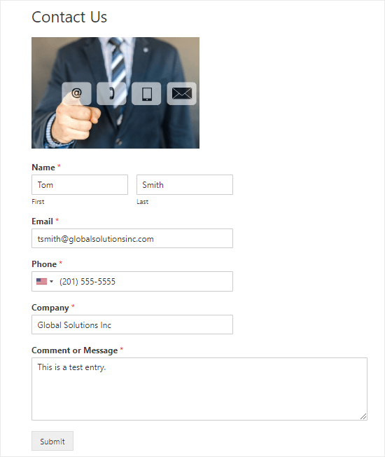 Sending a test entry through the contact form