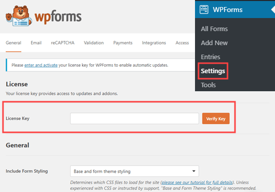 Immissione della chiave di licenza per WPForms