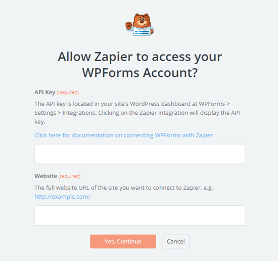 Введите ваш API ключ из WPForms и URL вашего сайта