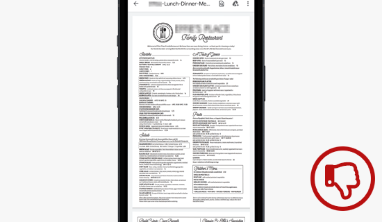 A hard to read PDF menu