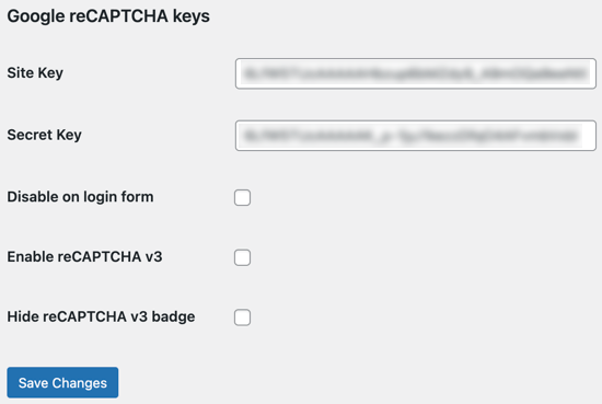 Paste the Site Key and the Secret Key