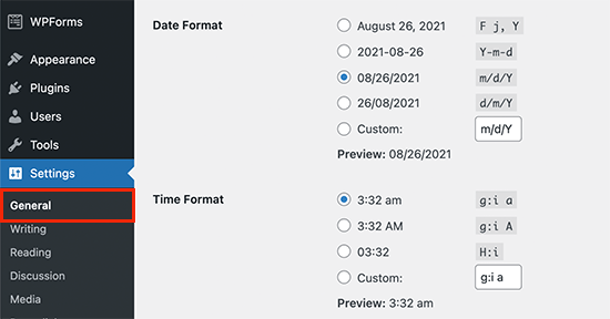 Time format settings in WordPress