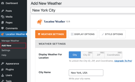 Location Weather's Add New Page