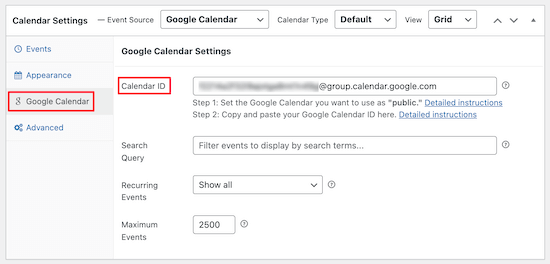 Add Google Calendar ID